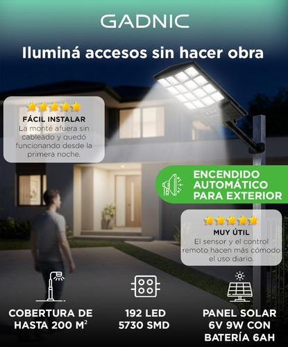 Reflector Solar Para Calles Gadnic Lámpara Luz 192 Led 5730 SMD 6V 9W Batería 6Ah Cobertura 200 M2 ABS - 1