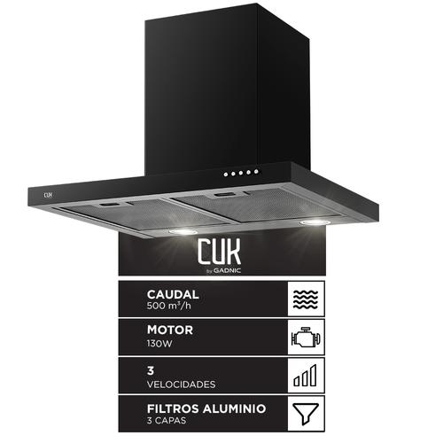 Campana Extractora CUK By Gadnic 60 cm 130W Caudal 500 m3h Acero Laminado Pintura Negra 3 Velocidades Luz LED Dual Filtros Aluminio 3 Capas Salida 150 mm Conducto Incluido  - 0