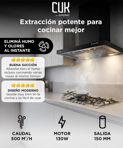 Campana Extractora CUK By Gadnic 60 cm 130W Caudal 500 m3h Acero Laminado Pintura Negra 3 Velocidades Luz LED Dual Filtros Aluminio 3 Capas Salida 150 mm Conducto Incluido  - 1