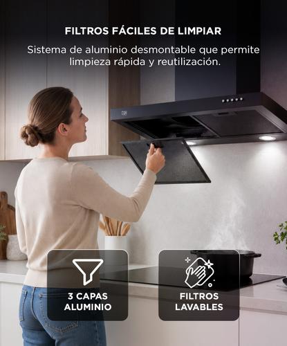 Campana Extractora CUK By Gadnic 60 cm 130W Caudal 500 m3h Acero Laminado Pintura Negra 3 Velocidades Luz LED Dual Filtros Aluminio 3 Capas Salida 150 mm Conducto Incluido  - 4