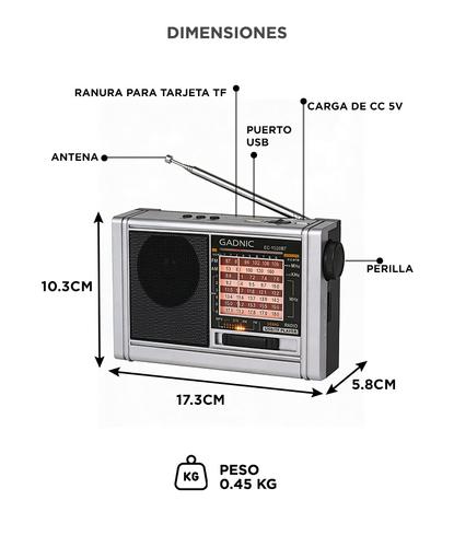 Radio Portatil Gadnic FM AM Vintage Recargable USB BT TF Bateria 800 mAh Altavoz 3 W - 5