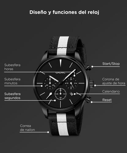 Reloj Analógico Gadnic RELF8 Malla Nailon Blanco y Negro Cronómetro Minutos Horas  - 3