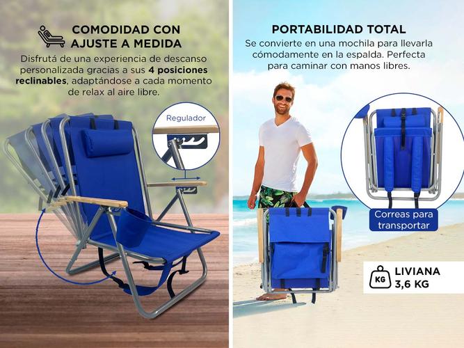 Reposera Plegable Gadnic 4 Posiciones Porta Botellas Portátil - 2