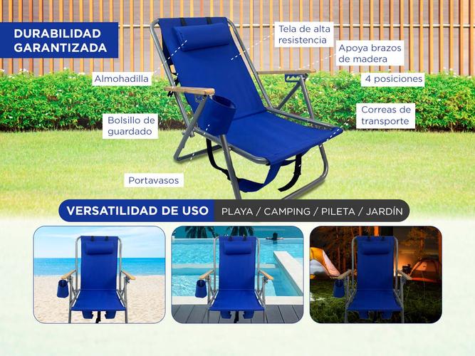 Reposera Plegable Gadnic 4 Posiciones Porta Botellas Portátil - 3