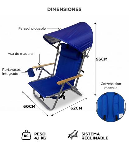 Reposera Plegable Playa Gadnic 4 Posiciones Reforzada Con Techo Reclinable 130kg - 5