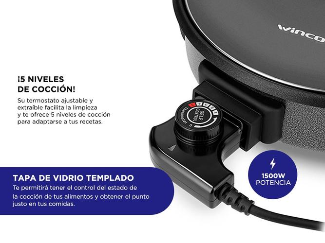 Sarten Olla Multicocina Winco Electrica 1500W 5 Niveles Tapa Vidrio Termostato W52 - 3