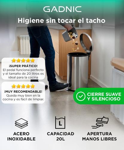 Tacho De Basura Gadnic 20L Acero Inoxidable Apertura Con Pedal Sin Manos - 1
