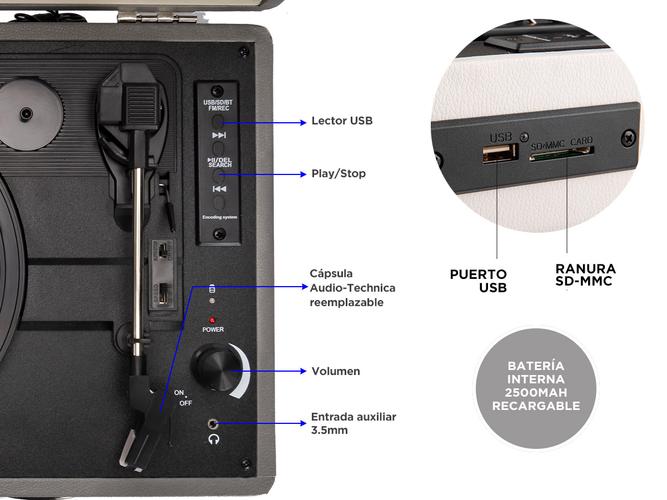 Tocadiscos Gadnic TD33 Bluetooth Portátil 3 Velocidades FM USB Aux-In RCA SD - 5