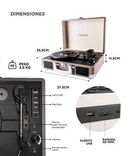 Tocadiscos Gadnic TD33 Bluetooth Portátil 3 Velocidades FM USB Aux-In RCA SD - 5