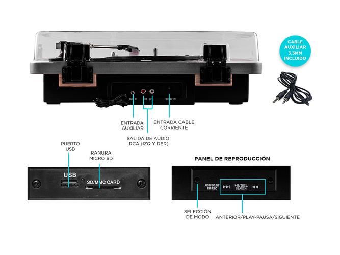 Tocadiscos Gadnic Madera Bluetooth Portátil 3 Velocidades FM USB Aux-In SD - 5