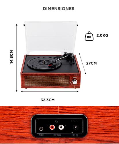 Tocadiscos Gadnic Soundix7 Retro Bluetooth 3 Velocidades AUX - 5
