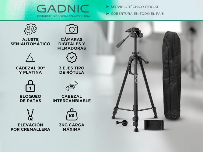 Trípode Cámara Gadnic T-3 Aluminio 1,40mt Cabezal 90° Bloqueo Flip Gancho Contrapeso - 1