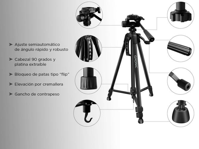 Trípode Cámara Gadnic T-3 Aluminio 1,40mt Cabezal 90° Bloqueo Flip Gancho Contrapeso - 4