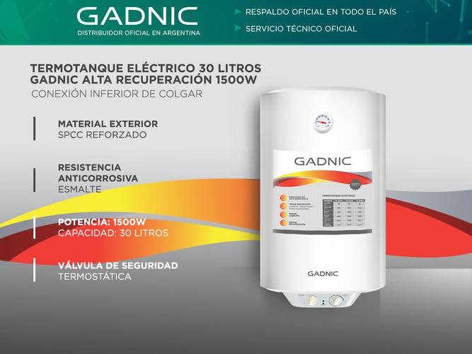 Termotanque Eléctrico Gadnic TE-3000 30Lts Conexión inferior de Colgar  - 1