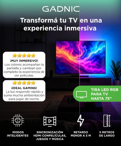 Tira Led RGB Gadnic Ambilight Inteligente HDMI Con Tira LED TV Hasta 75” Retroiluminación Bluetooth  - 1