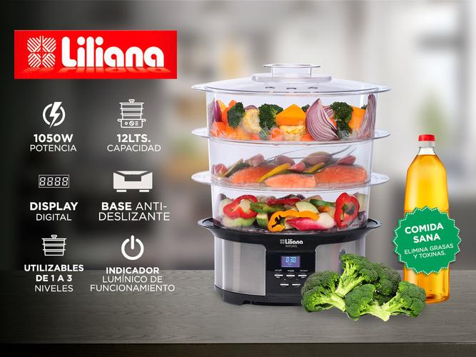 Vaporera Eléctrica Liliana Naturel AV930 Digital 3 Niveles 12Lts Arrocera Espacio Para Huevos - 1