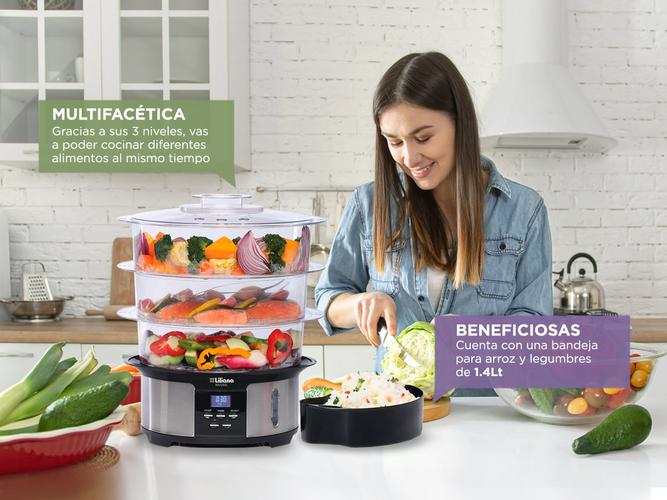 Vaporera Eléctrica Liliana Naturel AV930 Digital 3 Niveles 12Lts Arrocera Espacio Para Huevos - 2