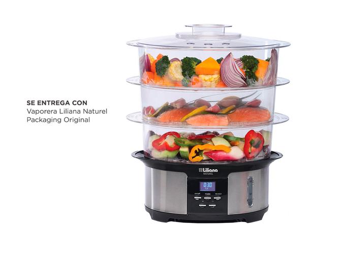 Vaporera Eléctrica Liliana Naturel AV930 Digital 3 Niveles 12Lts Arrocera Espacio Para Huevos - 5
