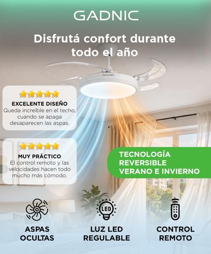 Ventilador De Techo GADNIC Retráctil Luz LED Con Control Remoto Blanco  - 1