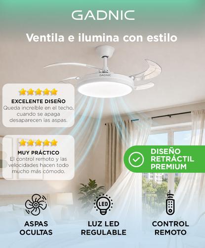 Ventilador De Techo GADNIC Retráctil Luz LED Con Control Remoto Blanco  - 1