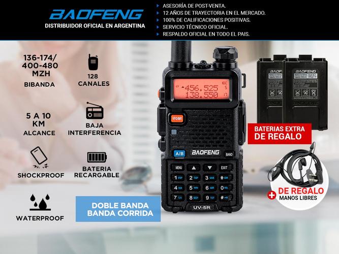 Handy Baofeng UV-5R Bi-Banda 5w 128CH Hasta 10km + 2 Baterías y Manos Libres - 1