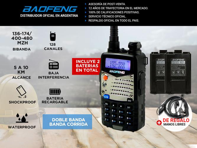 Handy Baofeng UV-5RA Bi-Banda 5w 128CH Hasta 10km  2 Baterías y Manos Libres - 1