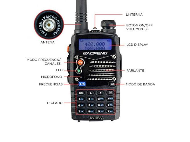 Handy Baofeng UV-5RA Bi-Banda 5w 128CH Hasta 10km  2 Baterías y Manos Libres - 5