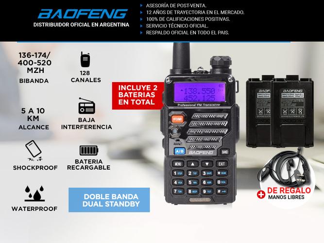 Handy Baofeng UV-5RE Bi-Banda 5w 128CH Hasta 10km + 2 Baterías y Manos Libres - 1