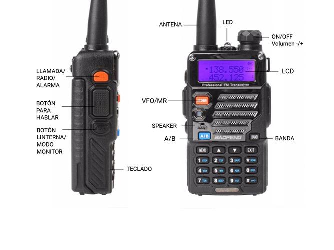 Handy Baofeng UV-5RE Bi-Banda 5w 128CH Hasta 10km + 2 Baterías y Manos Libres - 5