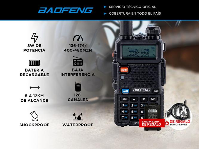 Handy Baofeng UV-5R Kit Bi-Banda 8w Hasta 12km + 2 Baterías y Manos Libres - 1