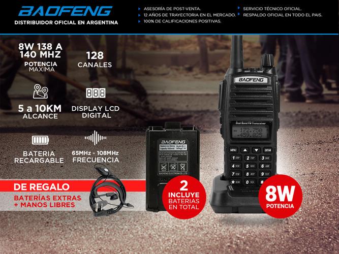 Handy Baofeng UV-82 Bi-Banda 8w 128CH Hasta 12km + 2 Baterías y Manos Libres - 1