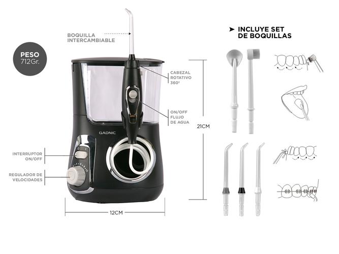 Irrigador Bucal Gadnic AP100 120psi 800ml 10 Velocidades con Set de Boquillas - 5