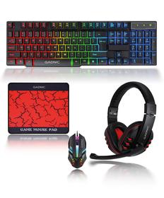Kit Gamer 4 en 1 Gadnic Teclado LED RGB Conexion 20  Mouse Óptico Gamer 1200 DPI 3 Botones LED  Auriculares Estéreo 32 Ohm 20Hz a 20000Hz Micrófono  Mouse Pad Antideslizante Tela Goma